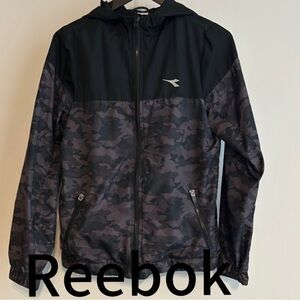 Reebok Black and Gray Windbreaker with Stand-Up Collar